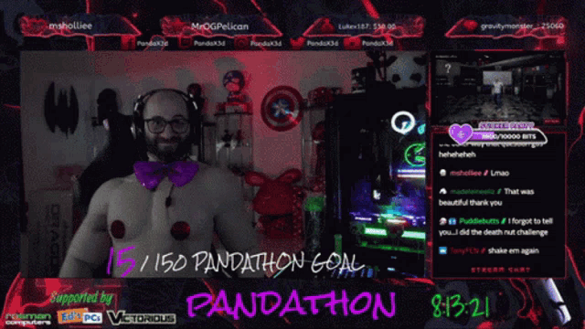 a man in a purple bow tie stands in front of a screen that says " 15/150 pandathon goal "