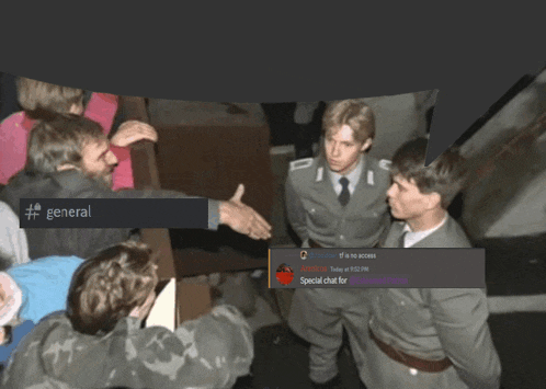 a group of men are shaking hands in a room with the word general on the bottom