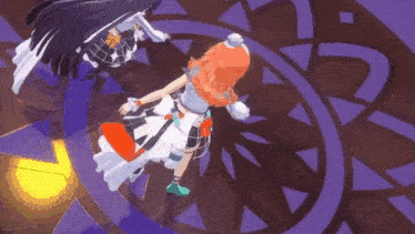 two anime girls are dancing on a stage in front of a purple background .