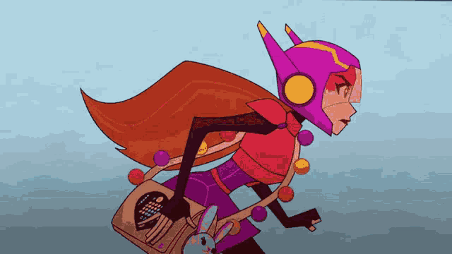 a cartoon drawing of a girl with a purple helmet