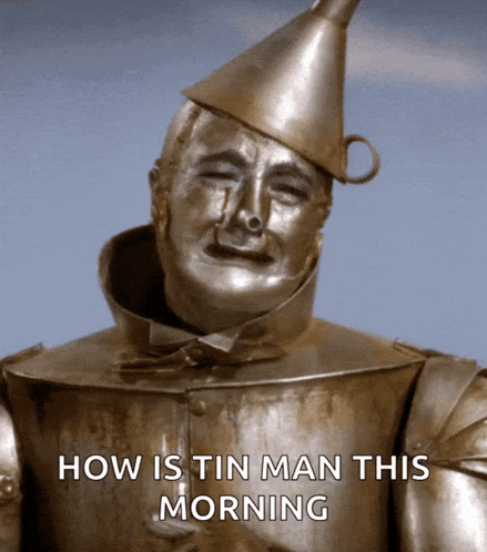 a statue of a tin man with the words how is tin man this morning below him