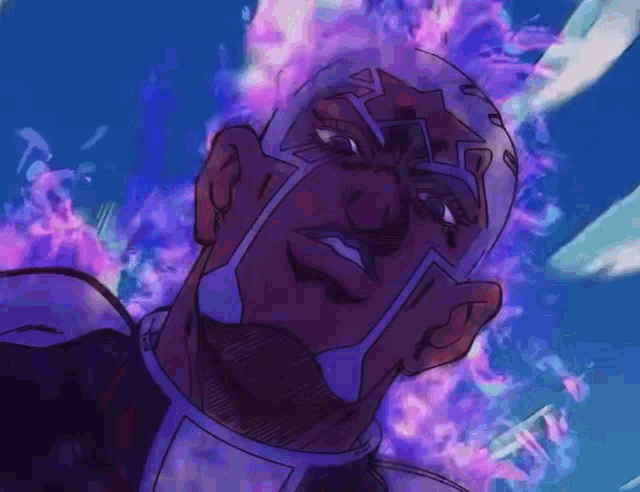 a close up of a cartoon character 's face with purple flames coming out of his head .