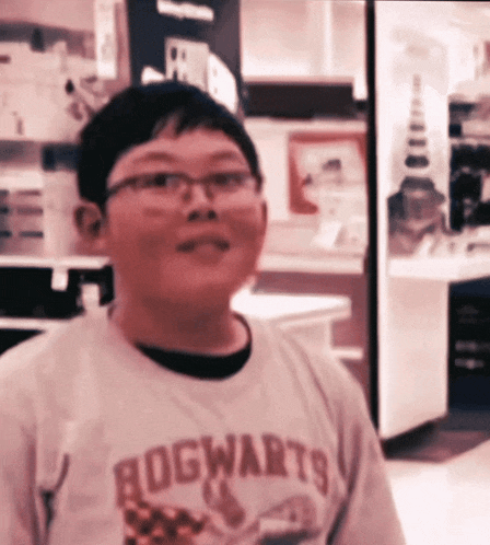 a boy wearing glasses and a hogwarts shirt looks at the camera