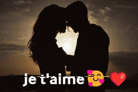 a silhouette of a man and woman kissing with the words je t'aime