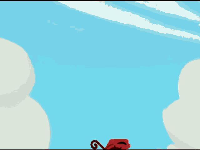 a cartoon character wearing glasses and a red hat stands in front of a blue sky