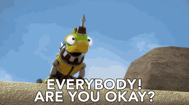 a cartoon character says " everybody are you okay " in front of a rock