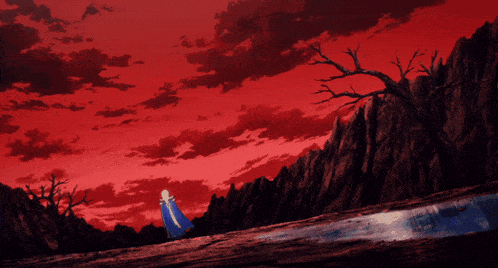 a painting of a sunset with a few trees in the foreground