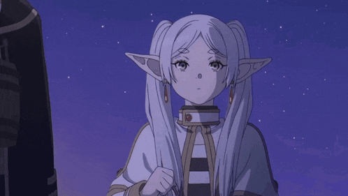 a girl with white hair and pigtails is standing in front of a blue sky with stars