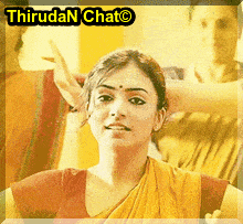 a woman in a yellow saree stands in front of a sign that says thirudan chat