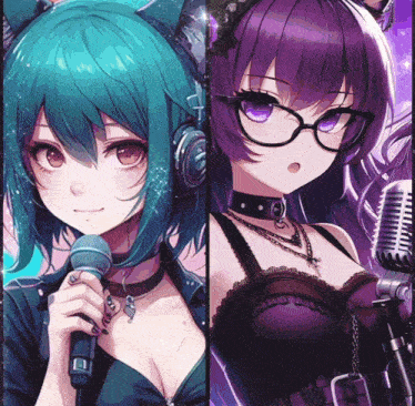 a girl with purple hair is holding a microphone next to a girl with green hair and headphones