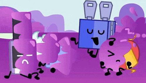 a cartoon drawing of a purple landscape with a blue object standing in the middle of it .