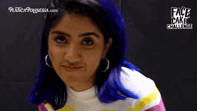a woman with blue hair and hoop earrings is featured in a face cake challenge ad