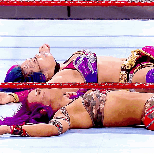 two women are laying in a wrestling ring with one wearing a purple top