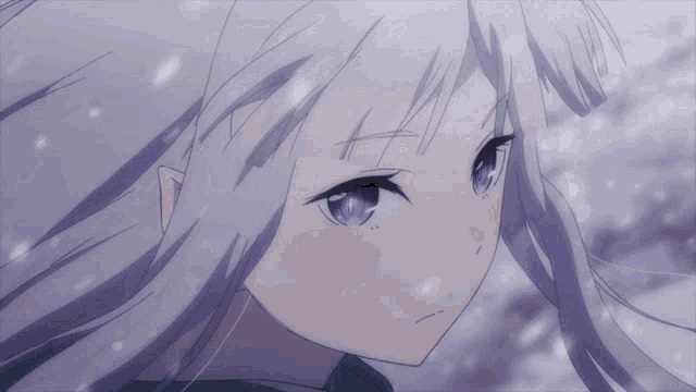 a girl with white hair and purple eyes is looking at the camera