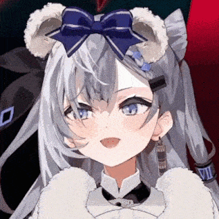 a close up of a girl with gray hair and a blue bow on her head .