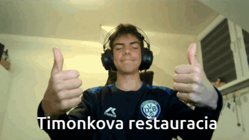 a man wearing headphones giving a thumbs up with the words timonkova restauracia written below him