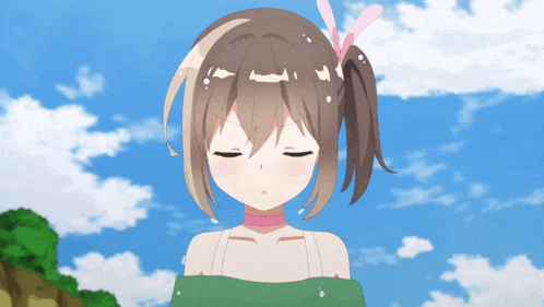 a girl with her eyes closed is wearing a pink necklace