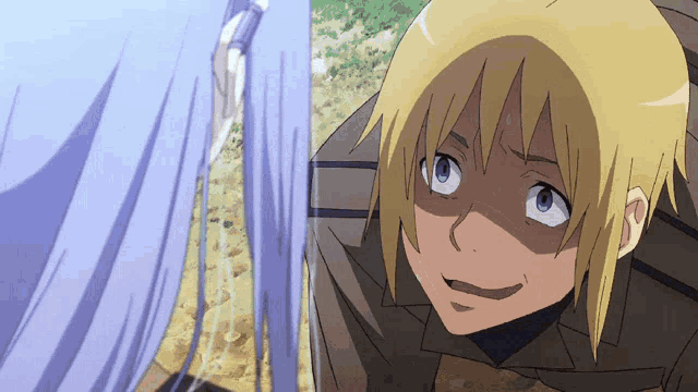 a man with blonde hair and blue eyes looks at a woman with long blue hair