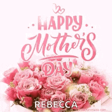 it is a happy mother 's day card with a bouquet of pink roses .