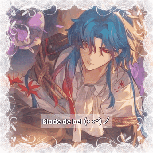 a picture of a man with blue hair and the words blade de bel on the bottom