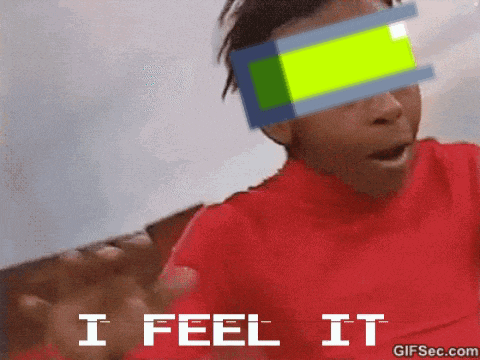a man in a red shirt says " i feel it " in white letters