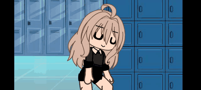 a cartoon girl is standing in front of a row of blue lockers in a locker room .