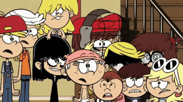 a group of loud house characters are standing in front of stairs