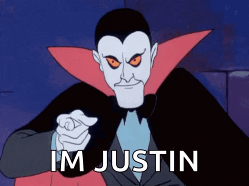 a cartoon of a vampire pointing at the viewer with the words im justin below him