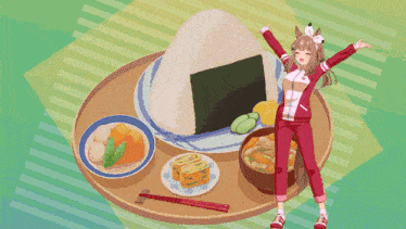 a girl is standing in front of a tray of food