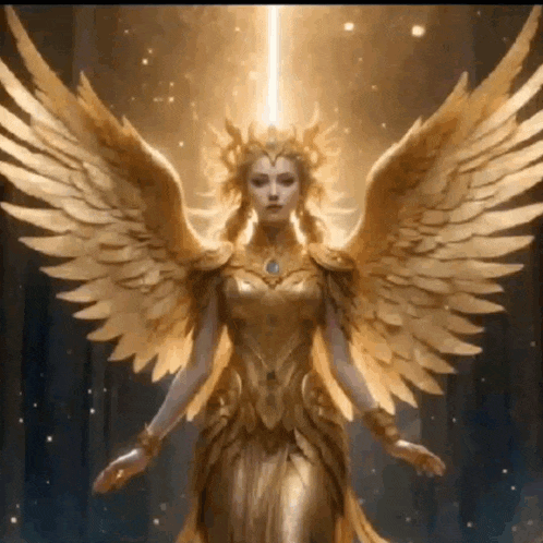 a woman with golden wings and a crown is standing in front of a light beam .