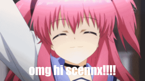 a pink haired anime girl with the words omg hi scennx