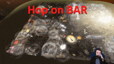 a man playing a video game with the words hop on bar in red
