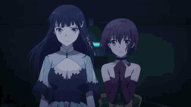 two anime girls are standing next to each other and one of them has a x on her hair