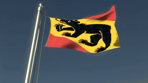 a flag with a black bear on it is waving in the wind