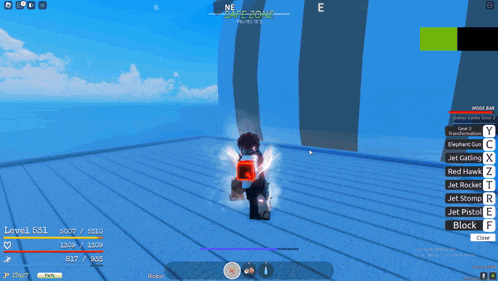 a screenshot of a video game shows a character with a red hawk and a jet rocket