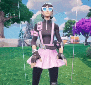 a woman wearing a pink skirt and sunglasses is standing in a field .