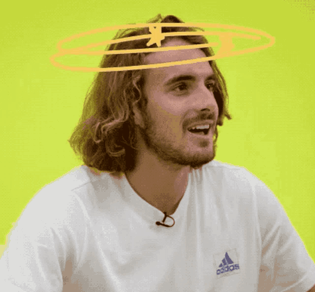 a man wearing a white adidas shirt with a circle around his head