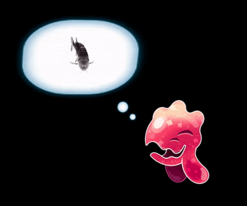 a cartoon of a fish in a thought bubble next to a smiling jellyfish