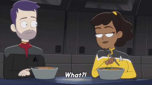 a cartoon of a man and a woman sitting at a table with bowls of food and the words " what " above them