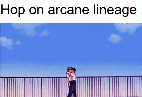 a couple hugging on a balcony with the words hop on arcane lineage