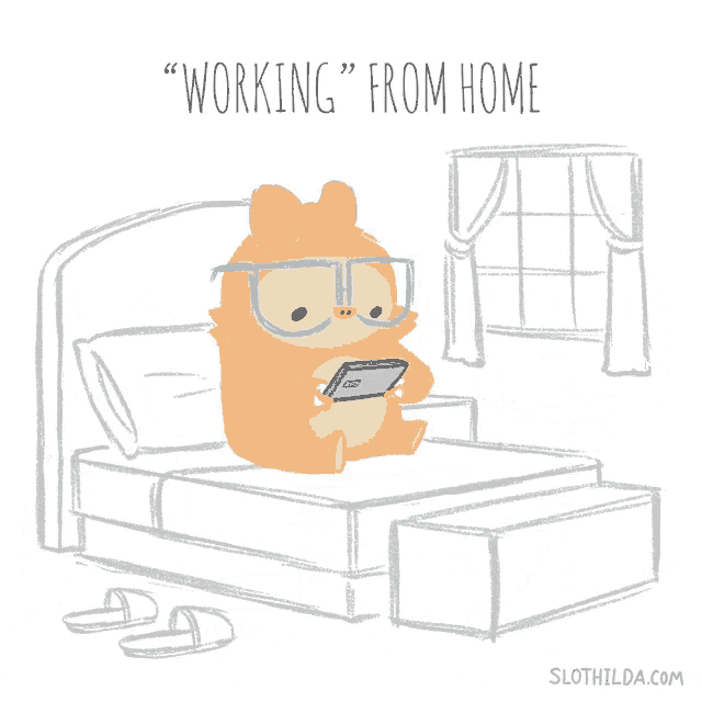 a sloth wearing glasses and a pink bow is sitting on a bed with the words " working from home " above it
