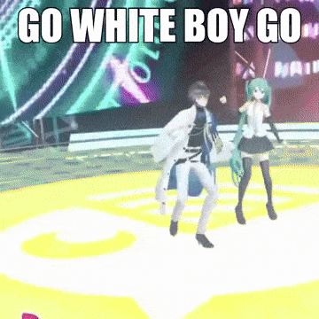 a man and a woman are dancing on a stage with the words go white boy go above them