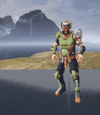 a video game character is standing in front of a mountain and the ocean