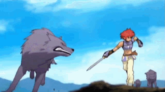 a cartoon of a woman holding a sword standing next to a wolf