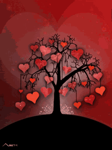 a tree with hearts hanging from the branches and the letter a on the bottom right