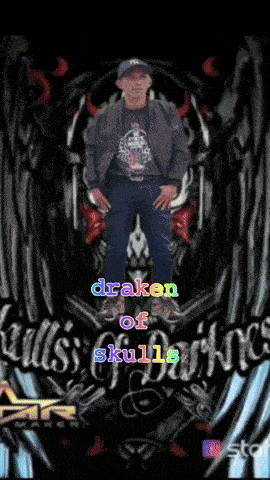 a man stands in front of a poster that says " draken of skulls of darkness "