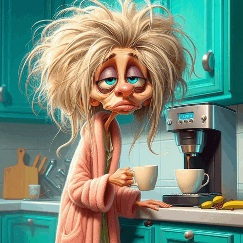 a cartoon of a woman holding two cups of coffee