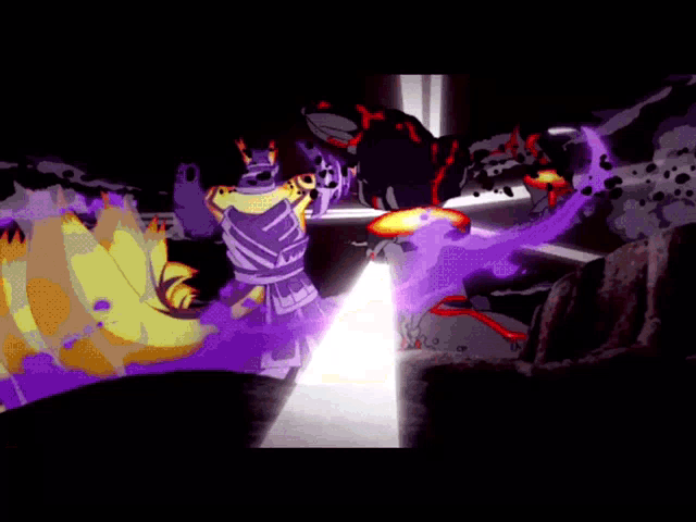 a cartoon of a man in a purple and white costume fighting a monster