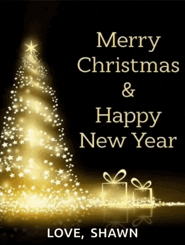 a merry christmas and happy new year card with a golden christmas tree