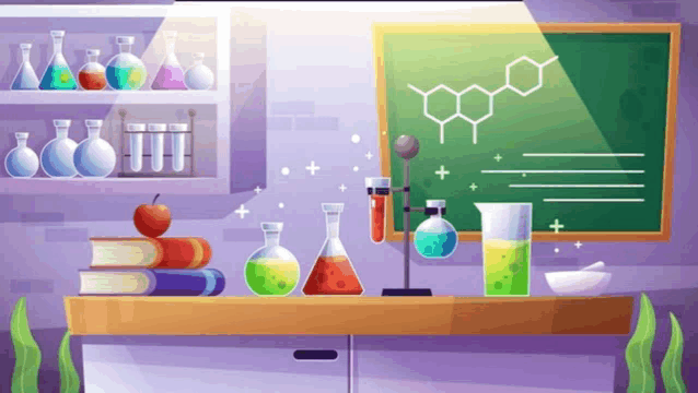 a cartoon illustration of a chemical laboratory with a chalkboard